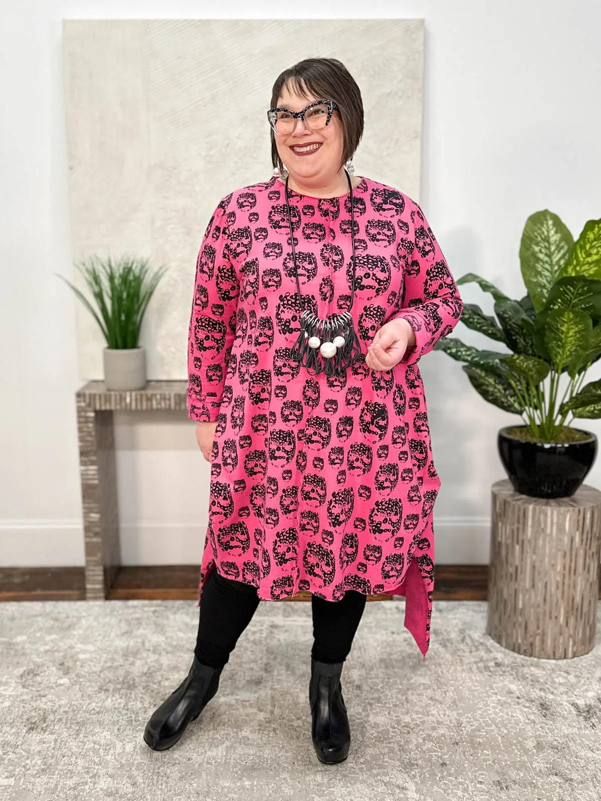 Printed Seam Detail Tunic, Fuchsia/Black