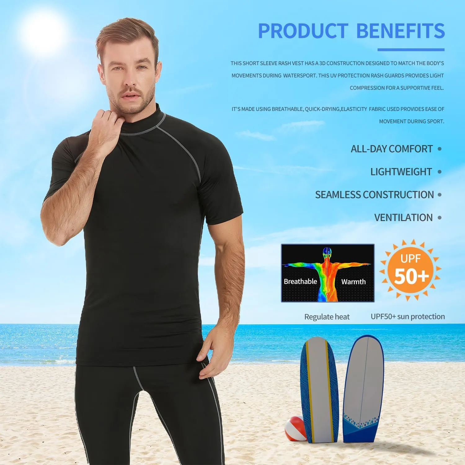 Rash Guard Shirts for Men UV Sun Protection UPF 50 Fitted Rashguard Swim Shirts Quick Dry Swimming Fishing Running