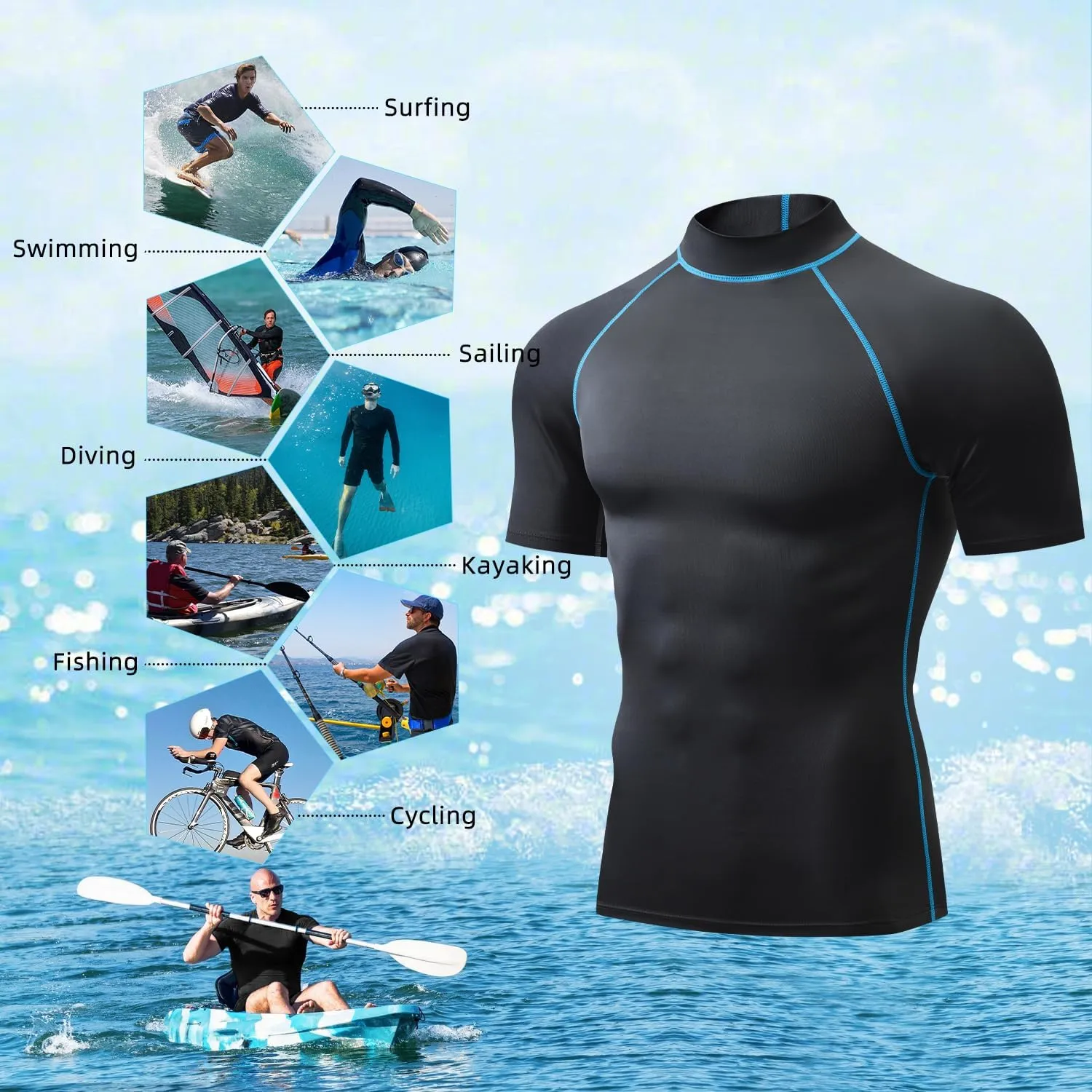 Rash Guard Shirts for Men UV Sun Protection UPF 50 Fitted Rashguard Swim Shirts Quick Dry Swimming Fishing Running