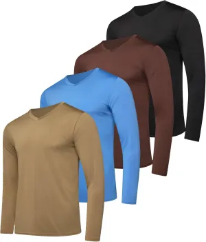 Real Essentials 4 Pack: Men's Dry Fit Long Sleeve V-Neck Active T-Shirt - Athletic Outdoor UPF 50  (Available in Big & Tall)
