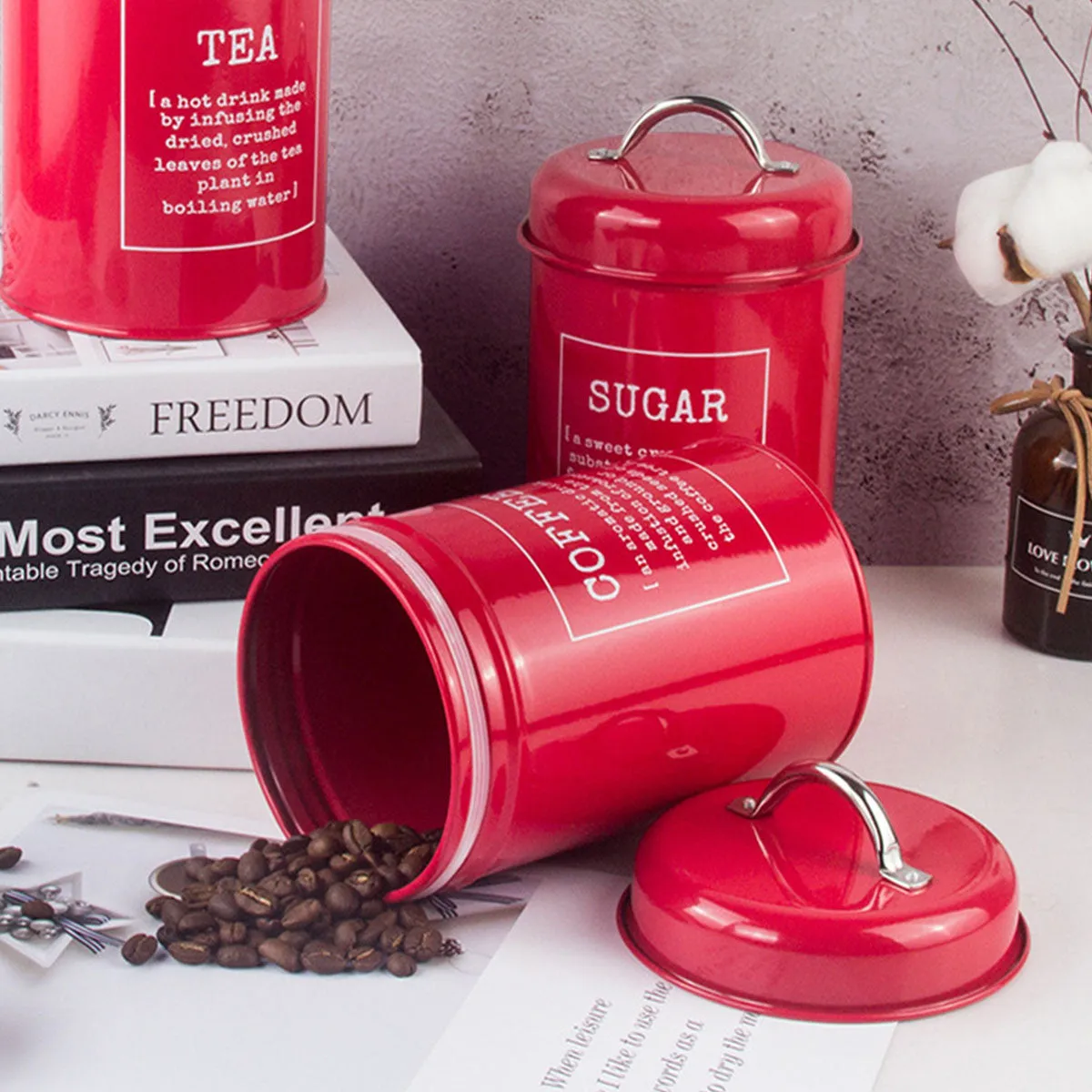 Red Tea Coffee Sugar Canister Set