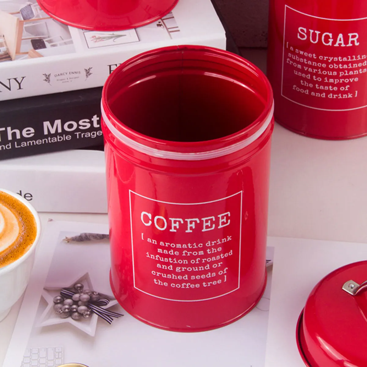 Red Tea Coffee Sugar Canister Set