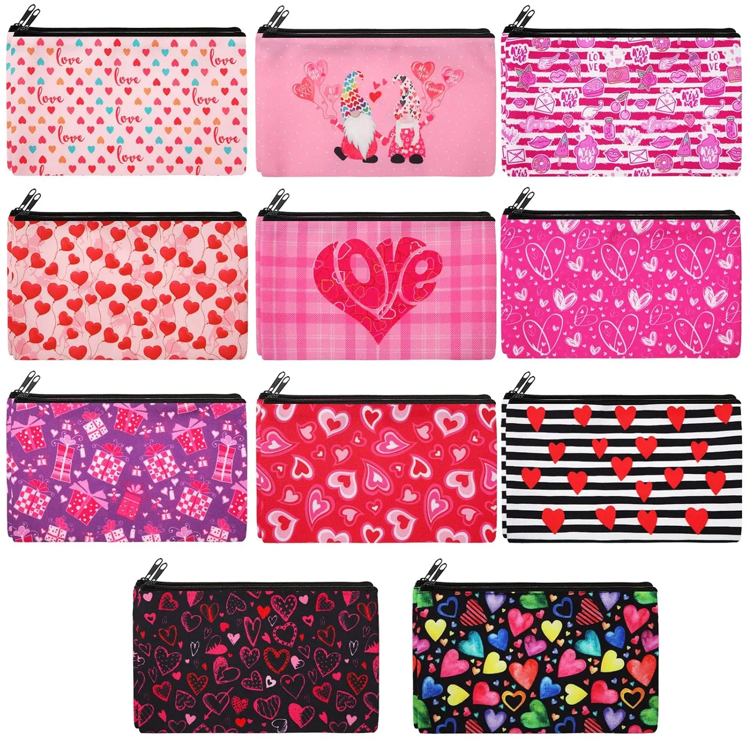 Reginary 22 Pieces Valentines Day Cosmetic Bags Valentines Day Gift for Wife Daughter Heart Pattern Makeup Pouch Valentines Party Favors Double Sided Printed Organizer Bags with Zipper, 11 Styles