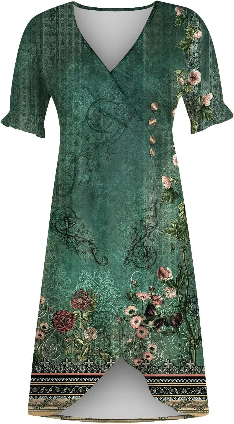 Resort Dresses for Women,Summer Elegant Wrap V Neck Floral Boho Dress Flowy Ruched Hawaiian Summer Dress