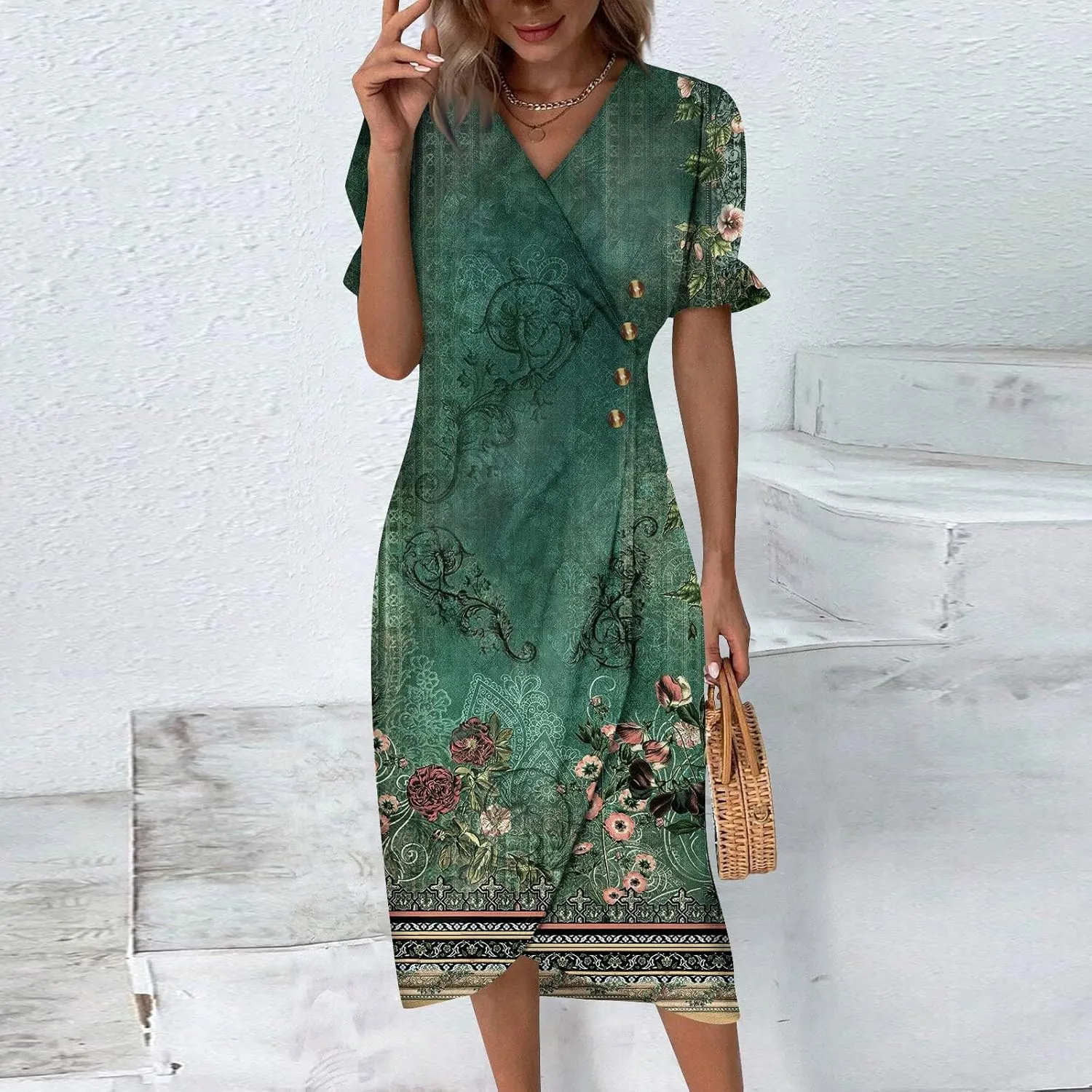Resort Dresses for Women,Summer Elegant Wrap V Neck Floral Boho Dress Flowy Ruched Hawaiian Summer Dress