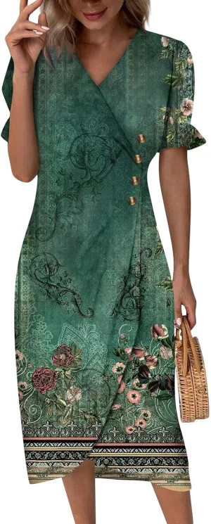 Resort Dresses for Women,Summer Elegant Wrap V Neck Floral Boho Dress Flowy Ruched Hawaiian Summer Dress