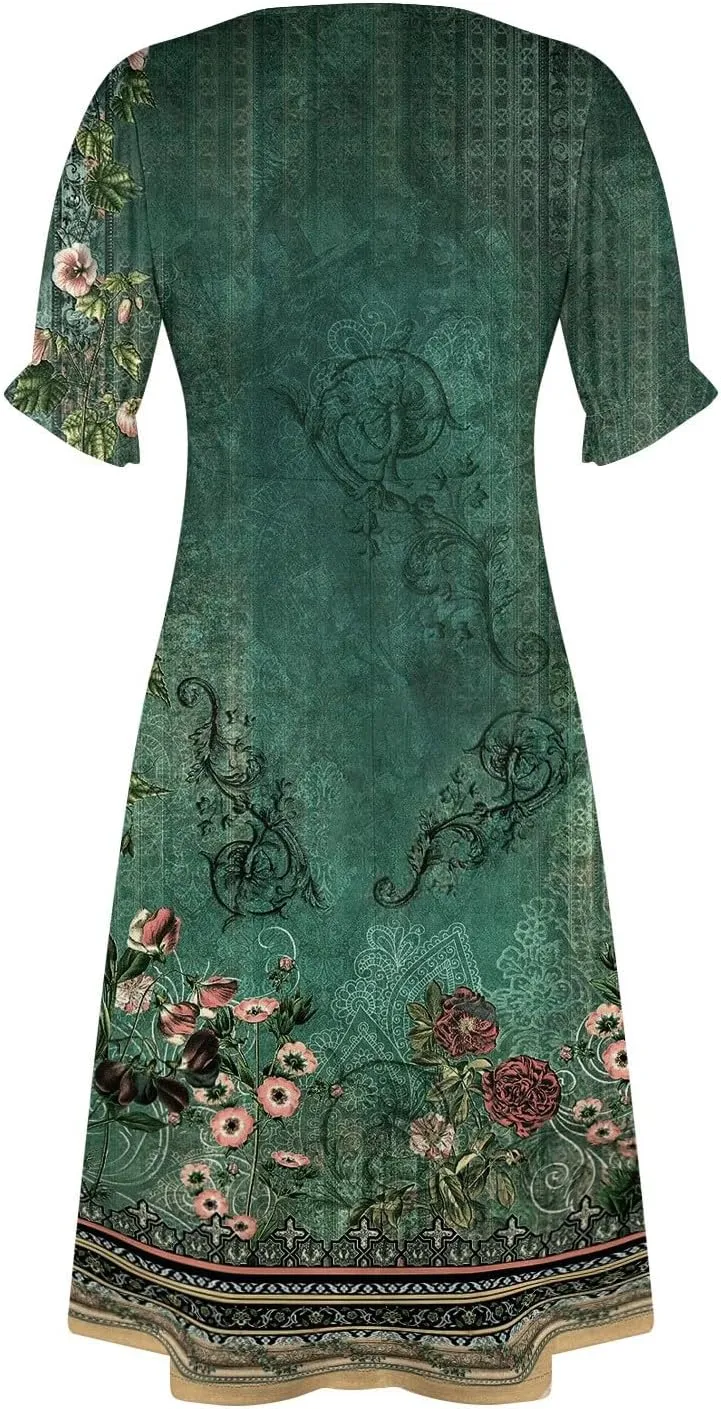 Resort Dresses for Women,Summer Elegant Wrap V Neck Floral Boho Dress Flowy Ruched Hawaiian Summer Dress