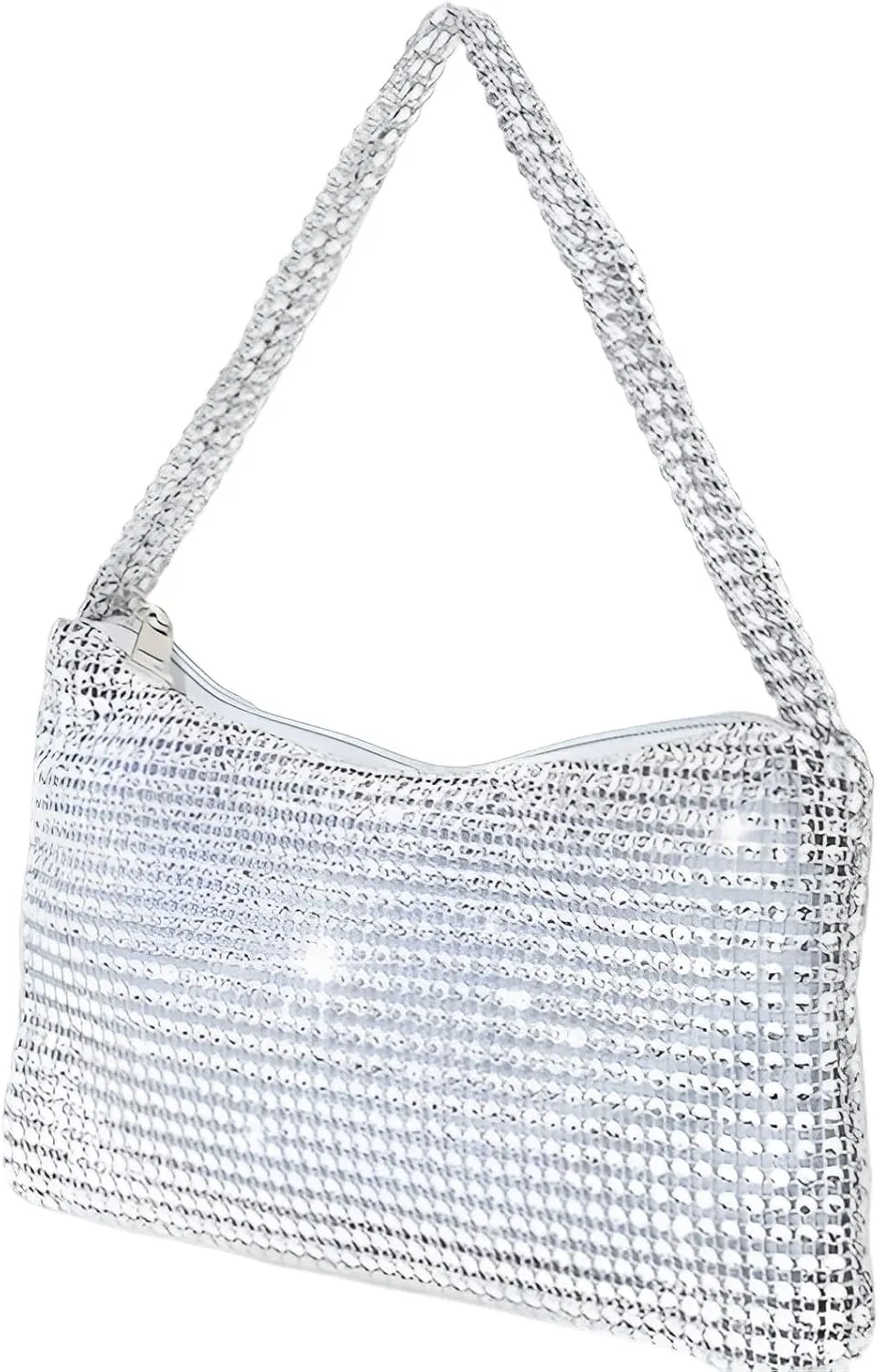 Rhinestone Clutch Purse for Women  Sparkling Crystal Evening Bag with Zipper Closure, Silver Glitter Handbag with Fixed Strap, Ideal for Weddings, Parties, and Formal Events
