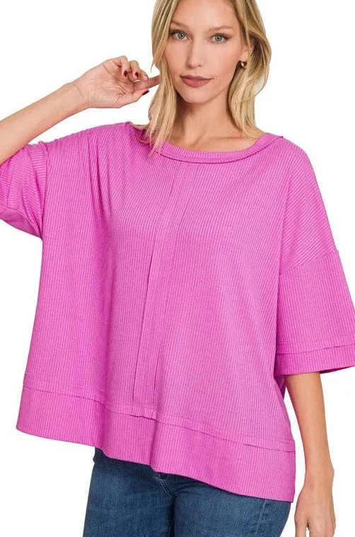 Ribbed Boat Neck Dolman Sleeve Top w/ Front Seam