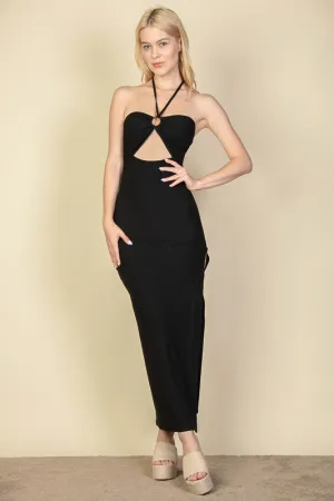 Ribbed Cut Out Front Side Slit Maxi Dress