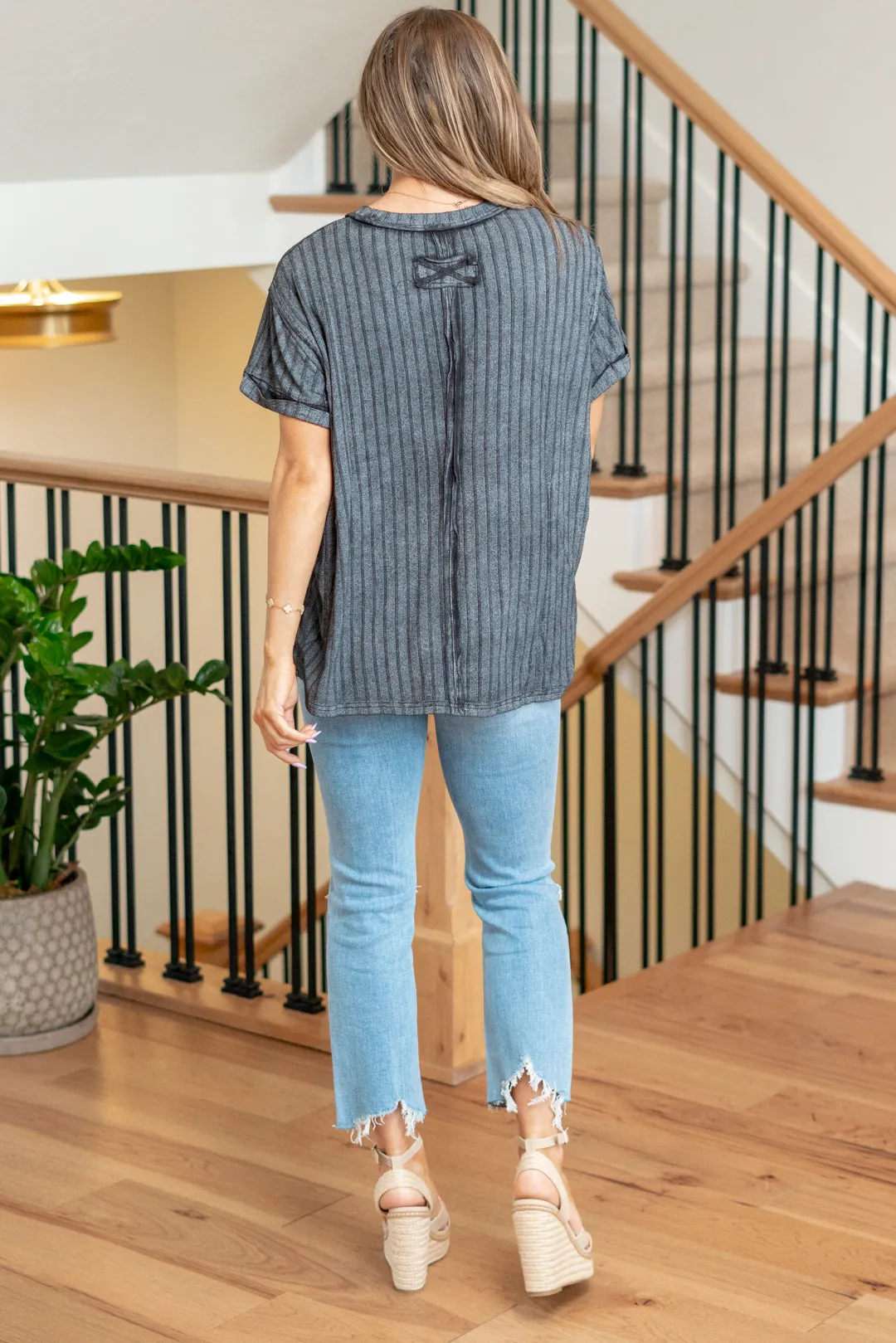 Ribbed Raglan Dolman Sleeve Boat-Neck Top