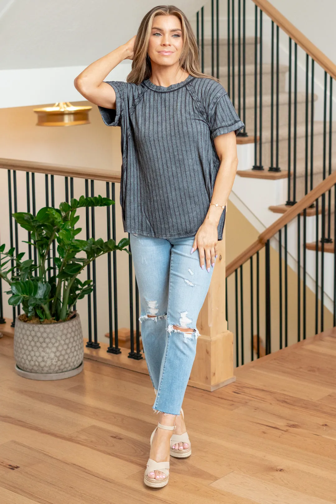 Ribbed Raglan Dolman Sleeve Boat-Neck Top