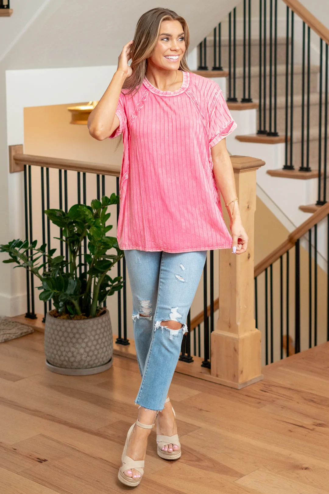 Ribbed Raglan Dolman Sleeve Boat-Neck Top