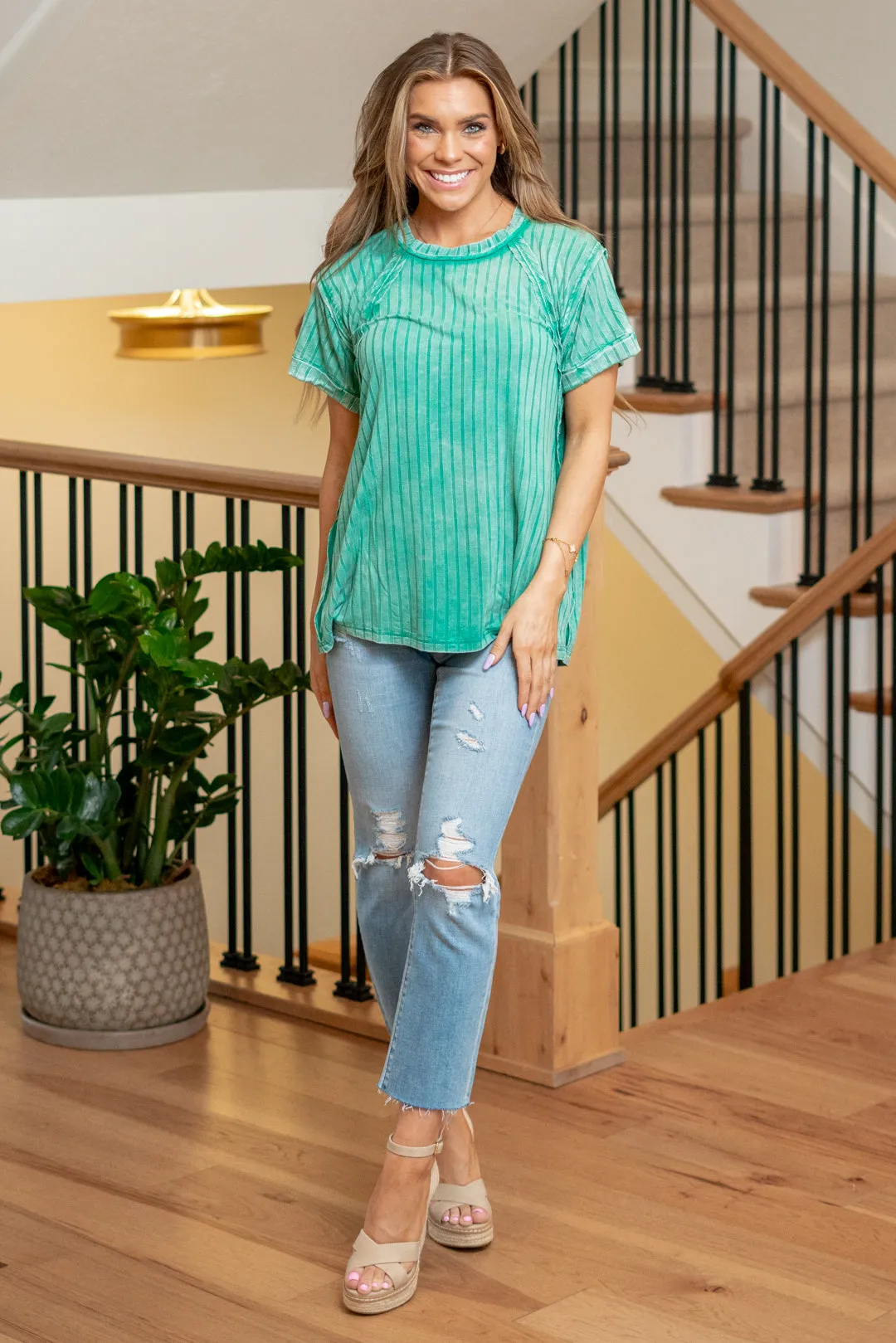 Ribbed Raglan Dolman Sleeve Boat-Neck Top