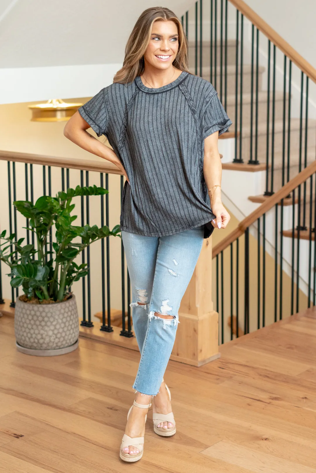 Ribbed Raglan Dolman Sleeve Boat-Neck Top