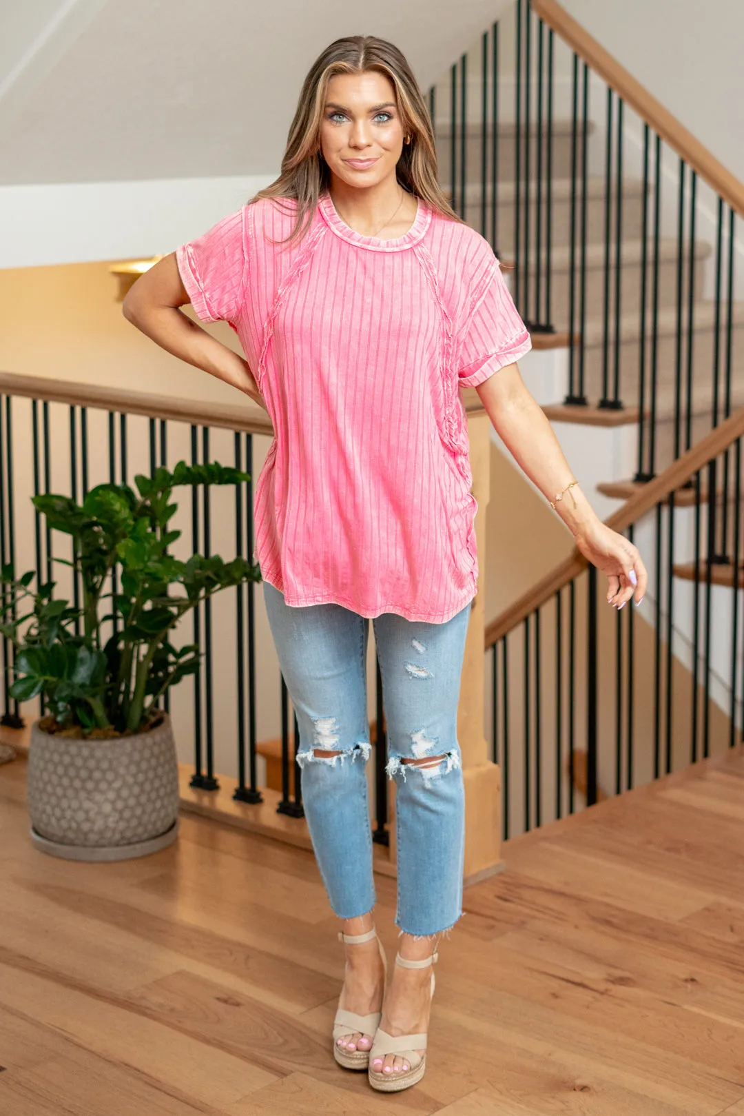 Ribbed Raglan Dolman Sleeve Boat-Neck Top