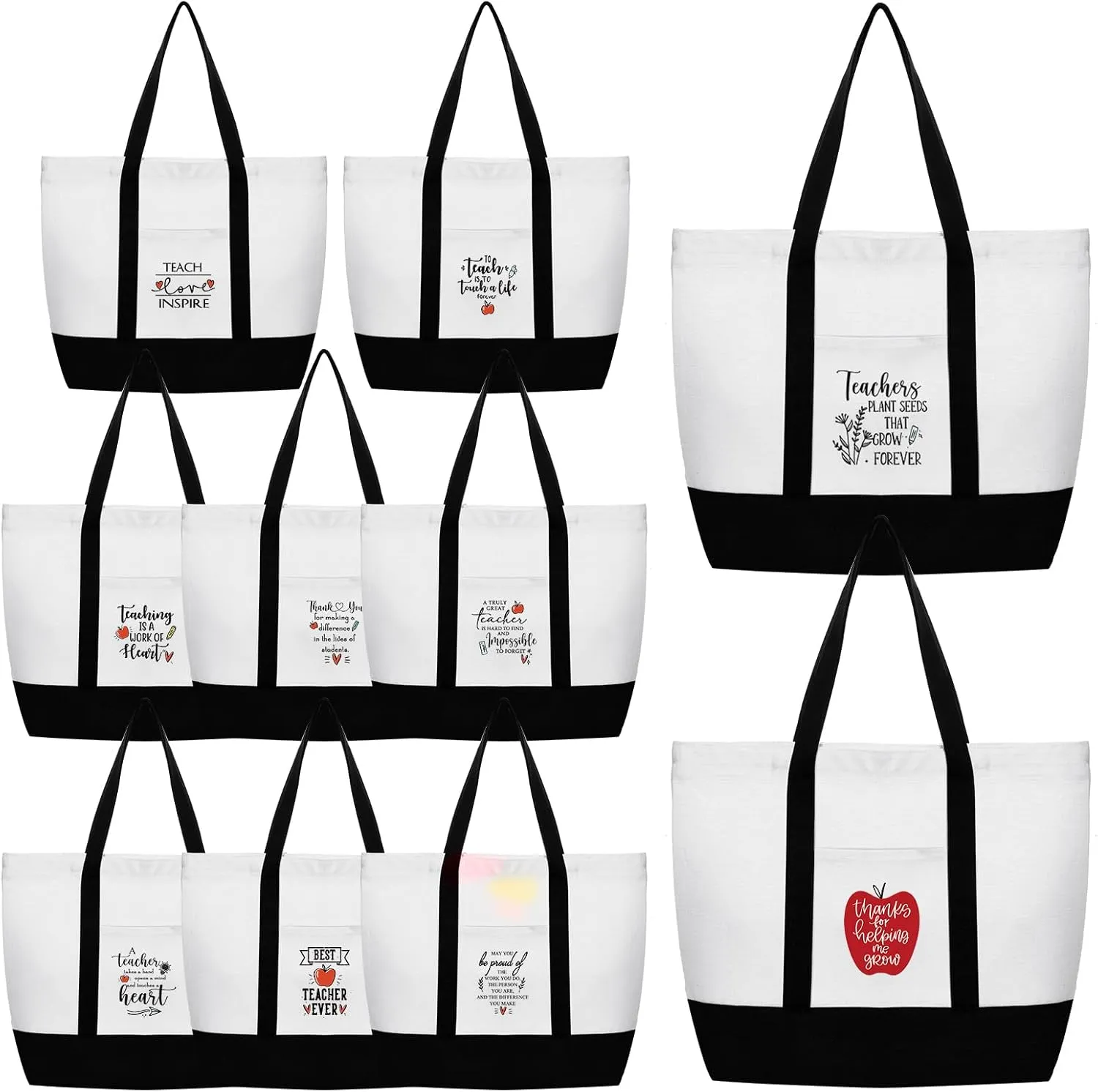 Sadnyy 10 Pack Large Teacher Tote Bags Teacher Appreciation Gifts in Bulk with Zipper and Front Pockets End of Year Thank You Gifts 20.47x18.5 Inch, 10 Styles
