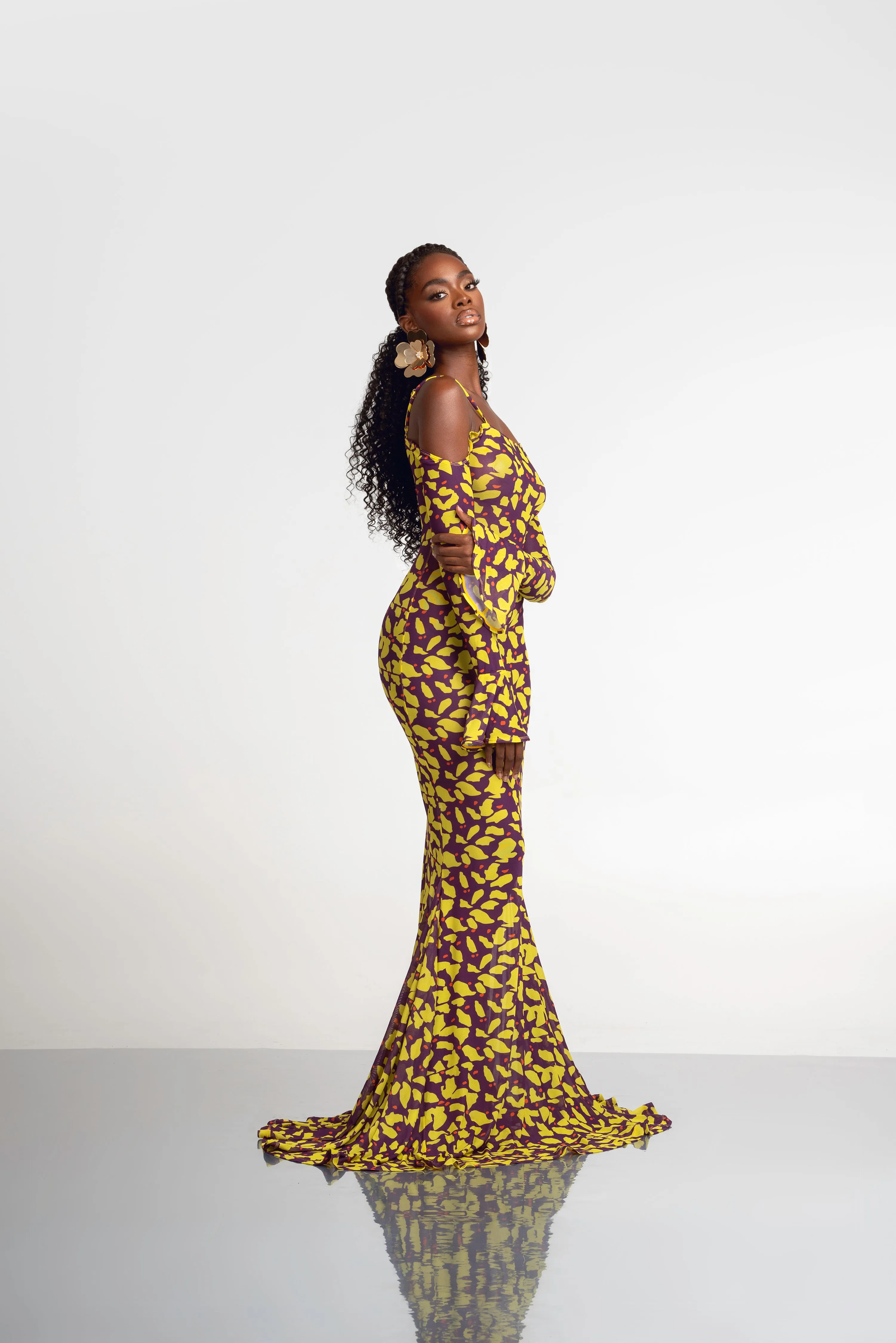 SAKI OFF SHOULDER MAXI MESH DRESS