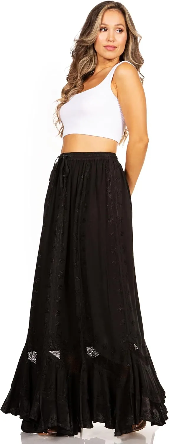 Sakkas Ivy Second Women's Maxi Boho Elastic Waist Embroidered A Line Long Skirt