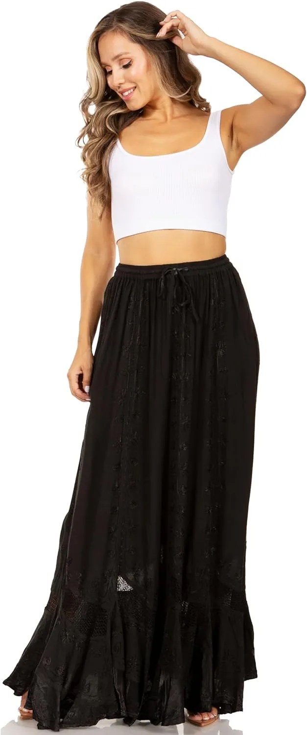 Sakkas Ivy Second Women's Maxi Boho Elastic Waist Embroidered A Line Long Skirt