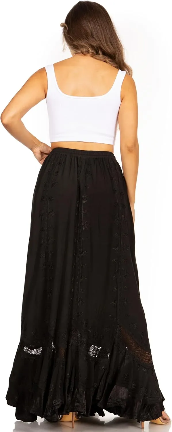 Sakkas Ivy Second Women's Maxi Boho Elastic Waist Embroidered A Line Long Skirt