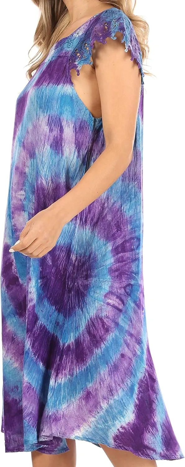 Sakkas Trila Women's Casual Summer Lace Boho Short Sleeve Midi Loose Dress Flowy