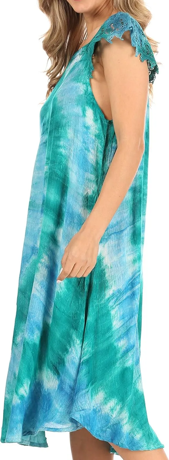 Sakkas Trila Women's Casual Summer Lace Boho Short Sleeve Midi Loose Dress Flowy