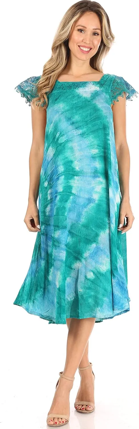 Sakkas Trila Women's Casual Summer Lace Boho Short Sleeve Midi Loose Dress Flowy