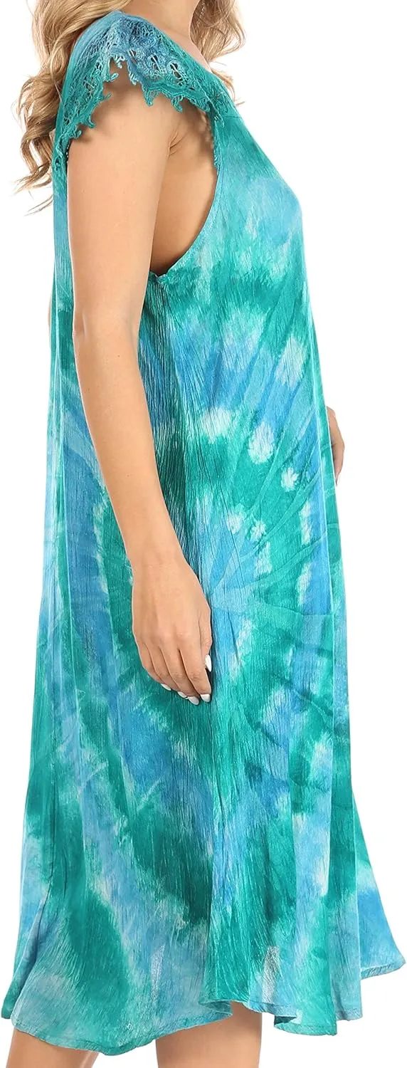 Sakkas Trila Women's Casual Summer Lace Boho Short Sleeve Midi Loose Dress Flowy