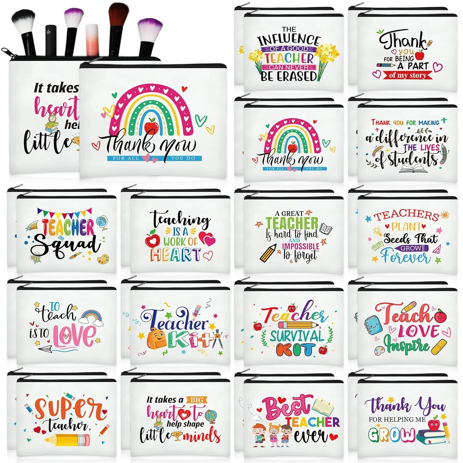 Sanwuta 64 Pcs Teacher Appreciation Gifts Teacher Makeup Bag Women Cosmetic Bag Funny Toiletry Pencil Pouch Thank You School Graduation Birthday Gift Travel Makeup Bag with Zipper 16 Styles