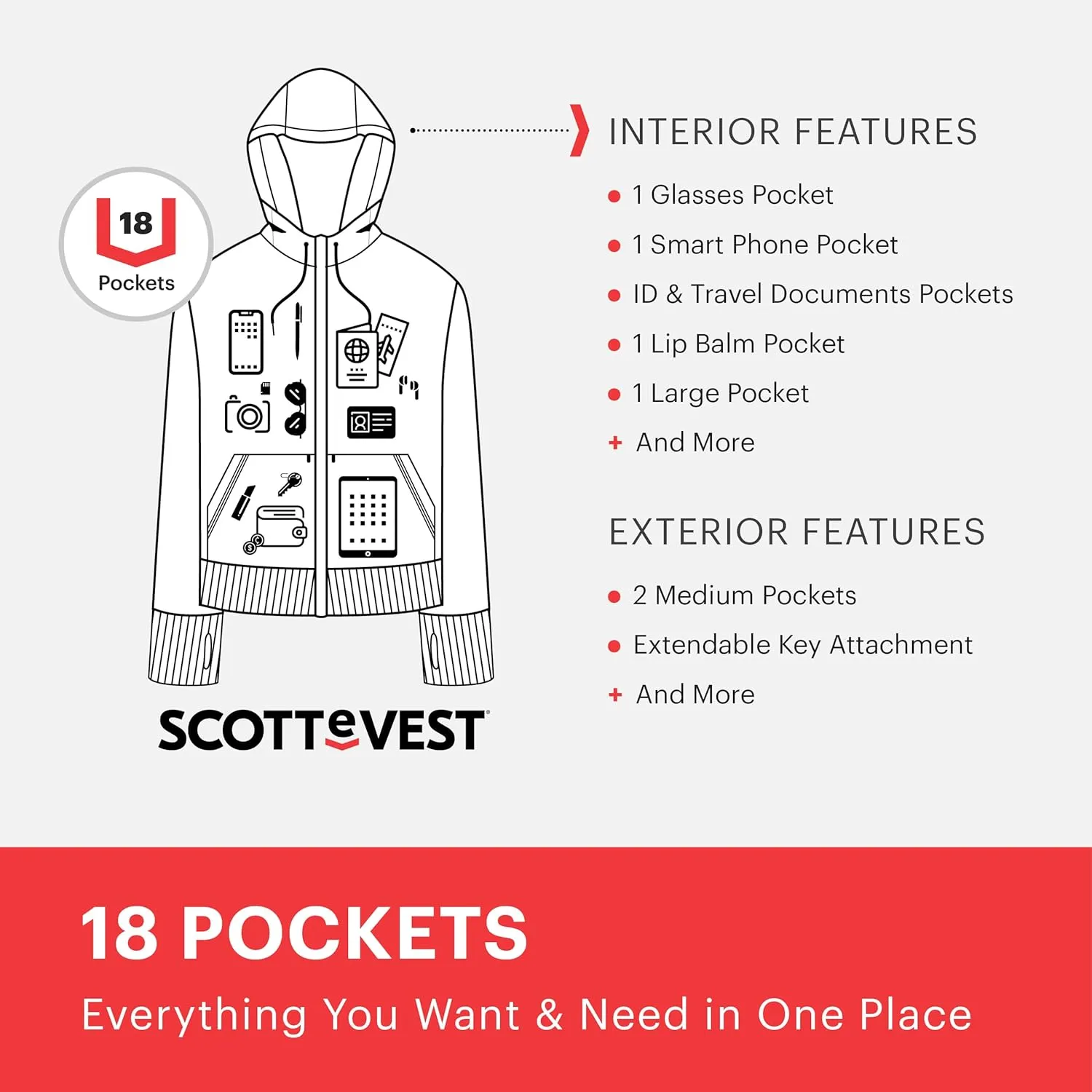 SCOTTeVEST Glow Hoodie for Women - 18 Hidden Pockets - Lightweight Zip Up Sweatshirt for Travel & More