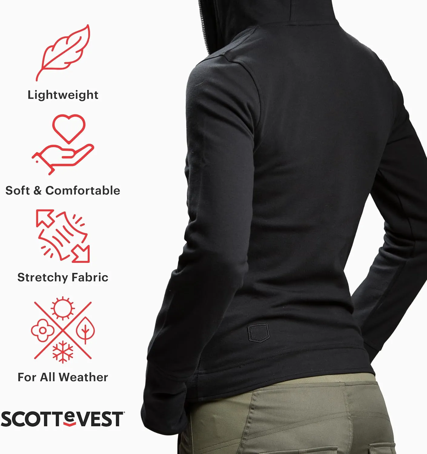 SCOTTeVEST Glow Hoodie for Women - 18 Hidden Pockets - Lightweight Zip Up Sweatshirt for Travel & More