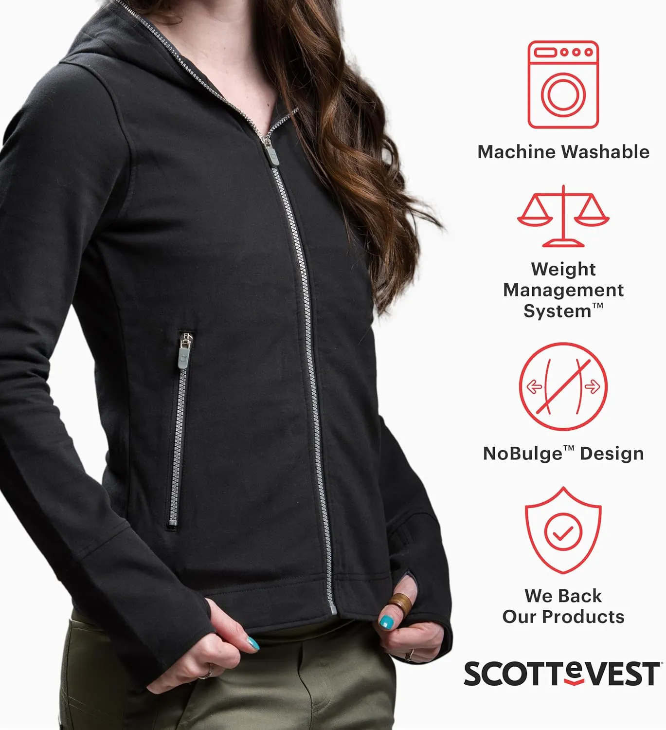 SCOTTeVEST Glow Hoodie for Women - 18 Hidden Pockets - Lightweight Zip Up Sweatshirt for Travel & More