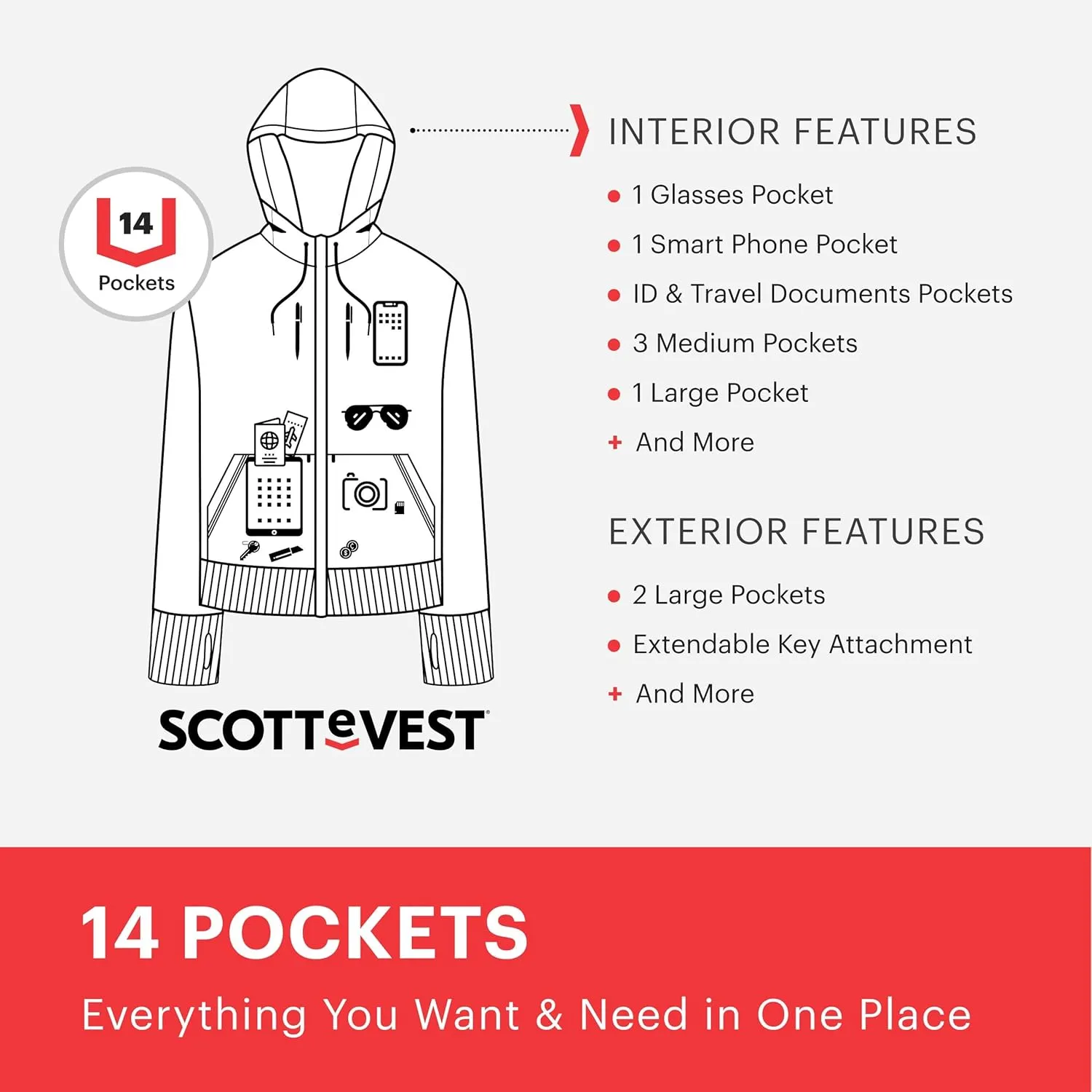 SCOTTeVEST Hoodie for Women - 14 Hidden Pockets - Warm Fleece Zip Up Sweatshirt for Travel & More