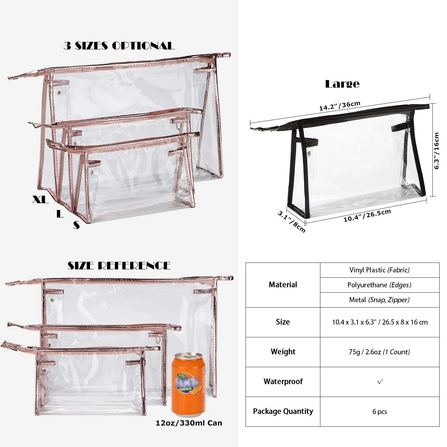 Sea Team 6-Pack Transparent Waterproof Cosmetic Bags with Zipper, Clear Vinyl Plastic Makeup Bags, Portable Travel Toiletry Pouch, Organizer, Pencil Case (Black, Large/10.4")