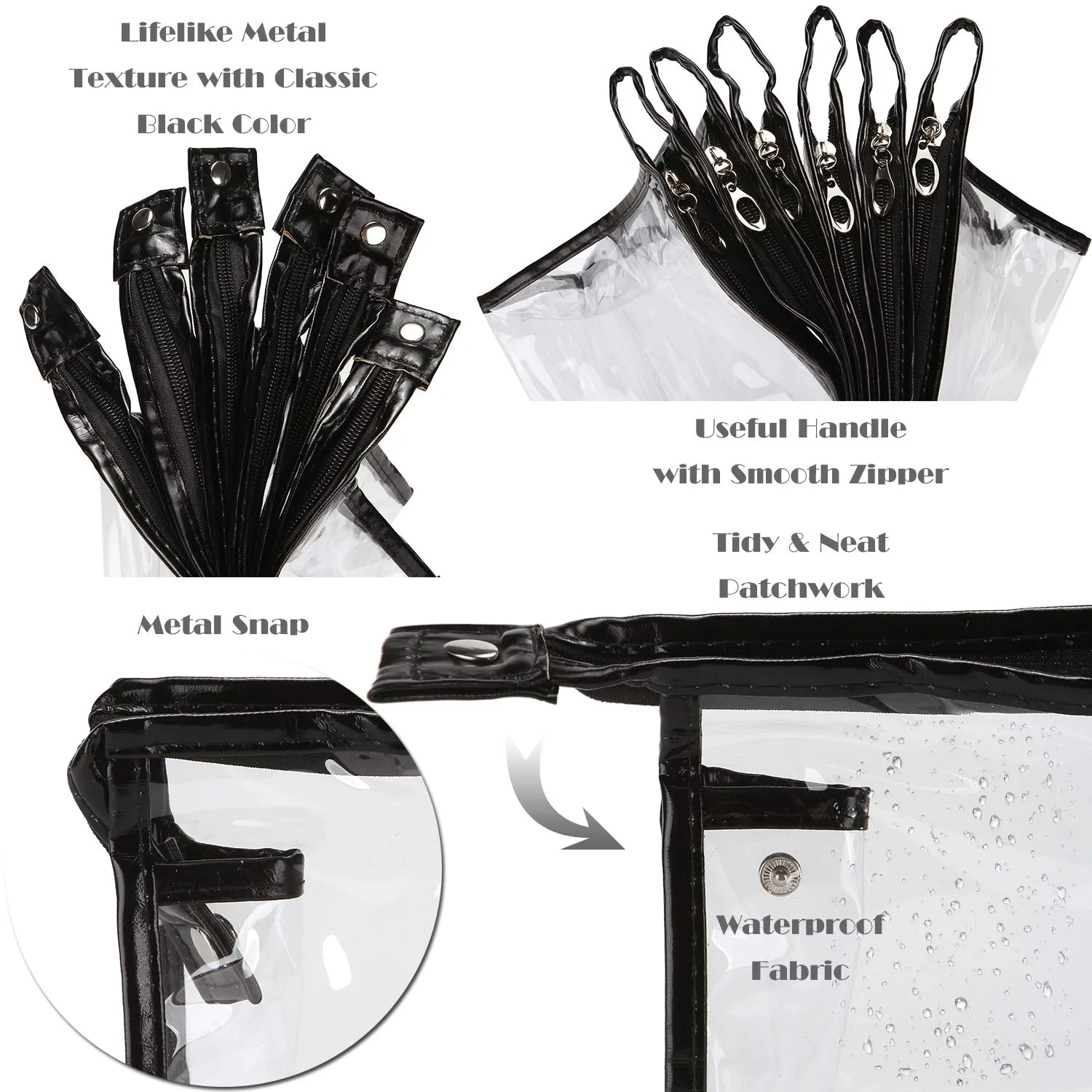 Sea Team 6-Pack Transparent Waterproof Cosmetic Bags with Zipper, Clear Vinyl Plastic Makeup Bags, Portable Travel Toiletry Pouch, Organizer, Pencil Case (Black, Large/10.4")
