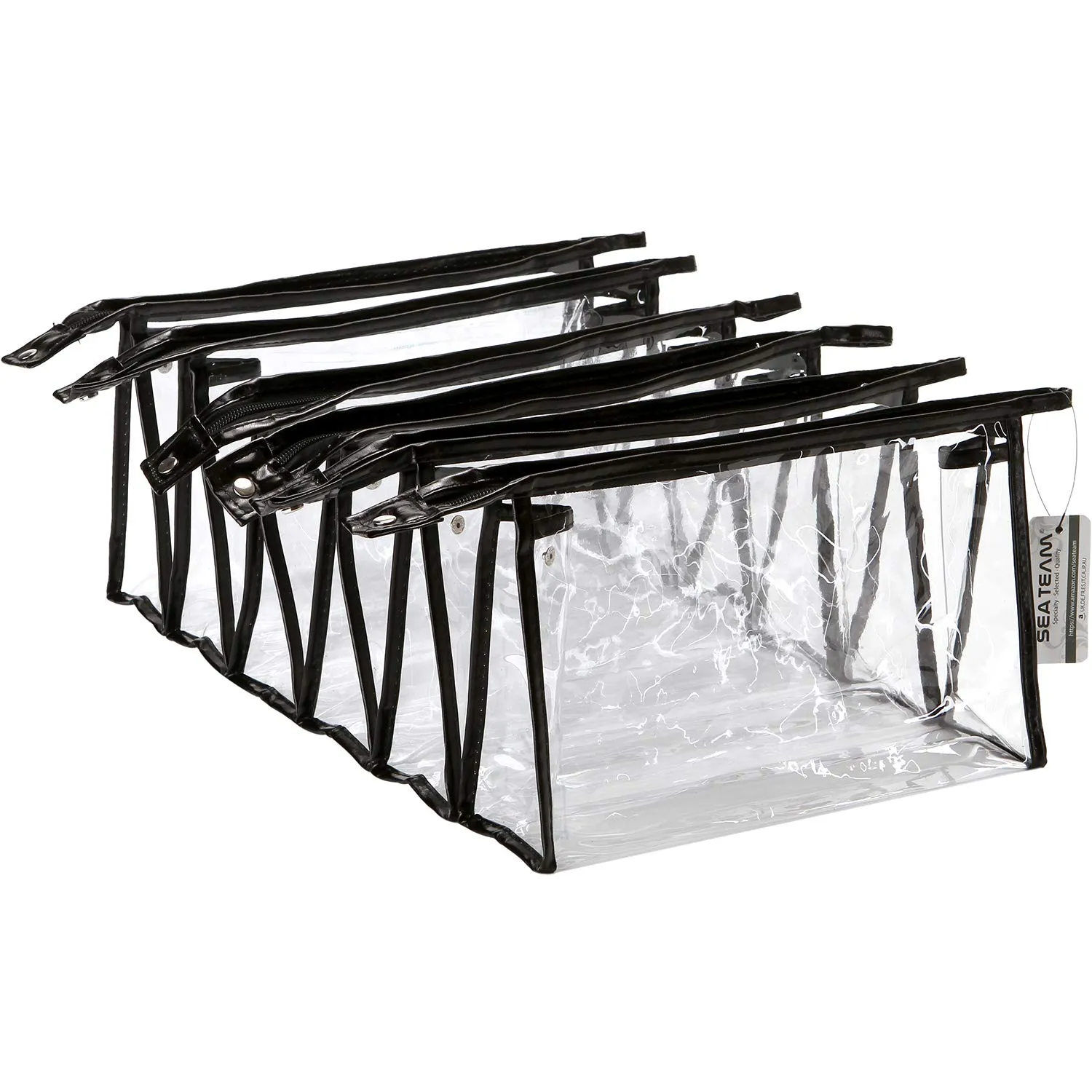 Sea Team 6-Pack Transparent Waterproof Cosmetic Bags with Zipper, Clear Vinyl Plastic Makeup Bags, Portable Travel Toiletry Pouch, Organizer, Pencil Case (Black, Large/10.4")