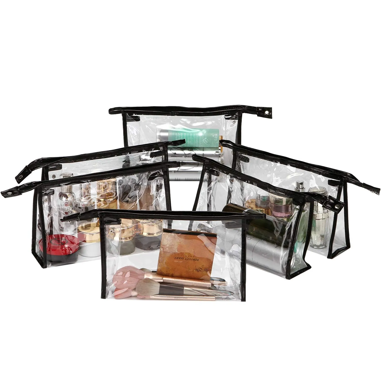 Sea Team 6-Pack Transparent Waterproof Cosmetic Bags with Zipper, Clear Vinyl Plastic Makeup Bags, Portable Travel Toiletry Pouch, Organizer, Pencil Case (Black, Large/10.4")