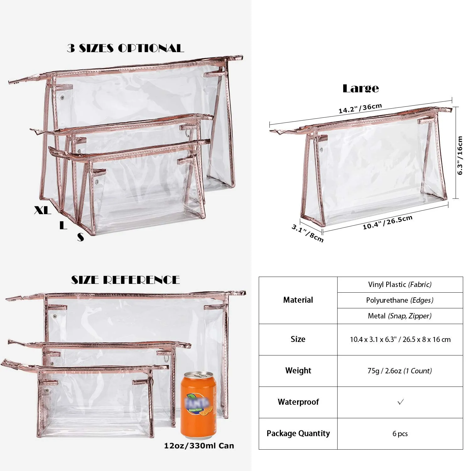 Sea Team 6-Pack Transparent Waterproof Cosmetic Bags with Zipper, Clear Vinyl Plastic Makeup Bags, Portable Travel Toiletry Pouch, Organizer, Pencil Case (Metallic, Large/10.4")
