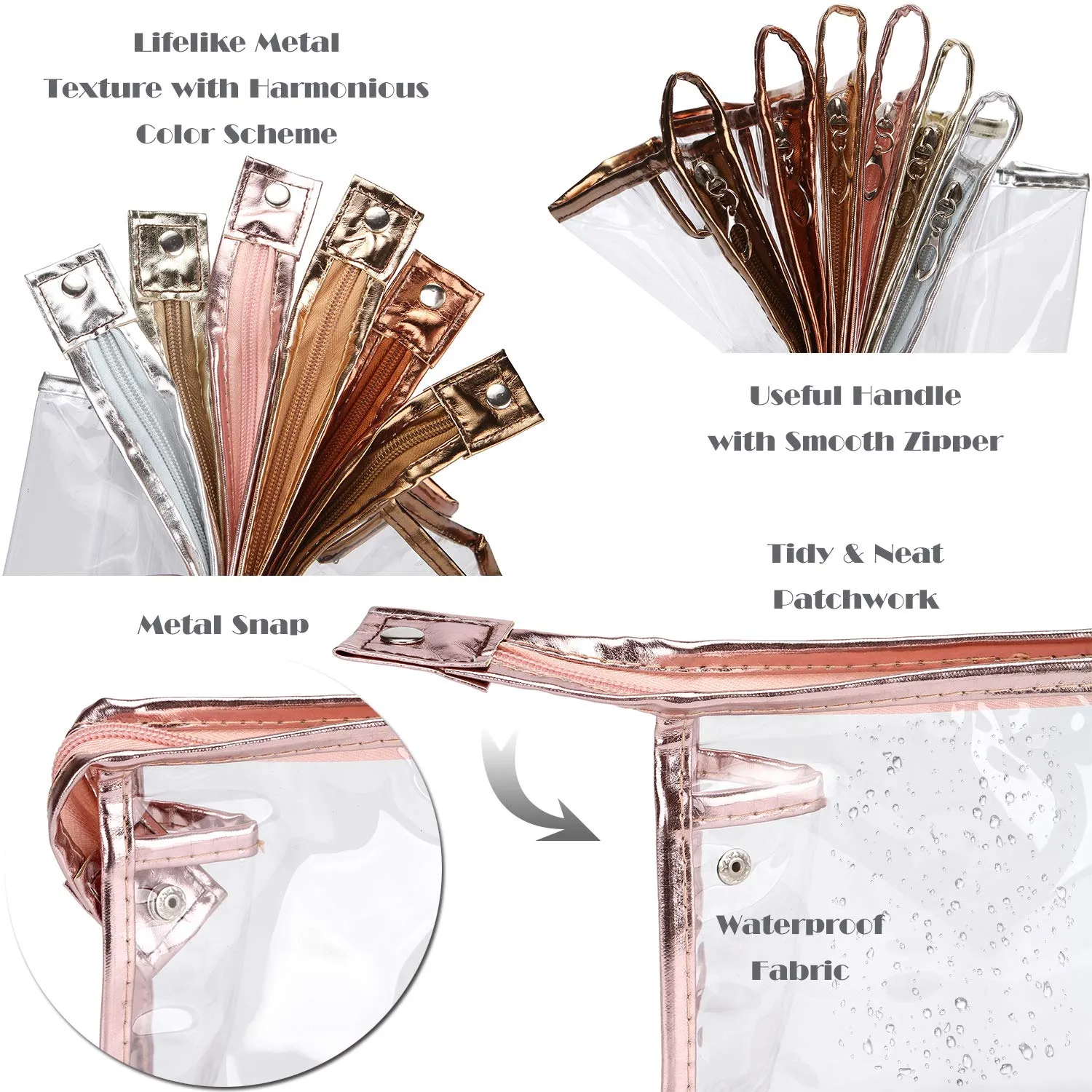 Sea Team 6-Pack Transparent Waterproof Cosmetic Bags with Zipper, Clear Vinyl Plastic Makeup Bags, Portable Travel Toiletry Pouch, Organizer, Pencil Case (Metallic, Large/10.4")
