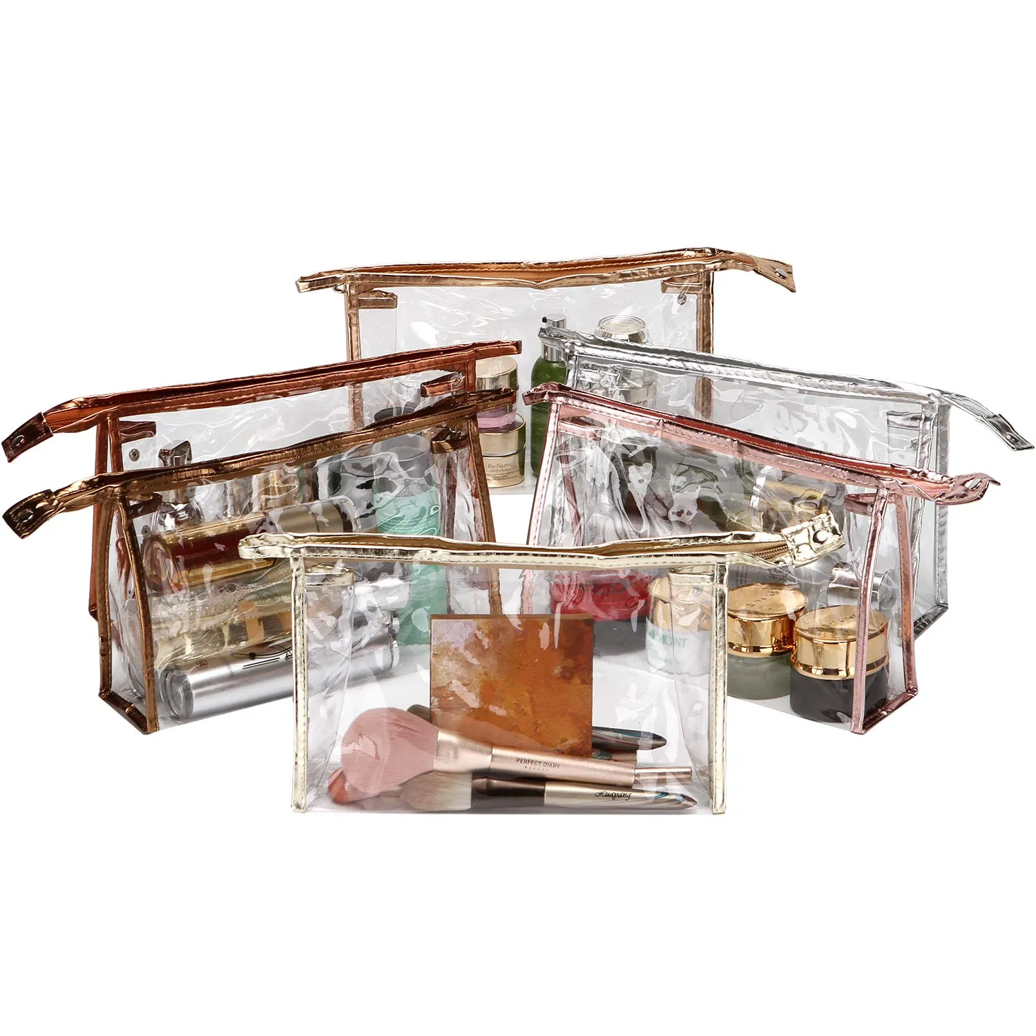 Sea Team 6-Pack Transparent Waterproof Cosmetic Bags with Zipper, Clear Vinyl Plastic Makeup Bags, Portable Travel Toiletry Pouch, Organizer, Pencil Case (Metallic, Large/10.4")