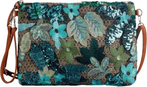 Sequin Beaded Embroidery Straw Purse Crossbody Bag Y2k Floral Knit Bag Mini Coin Purse Summer (Peacock Green Flower)