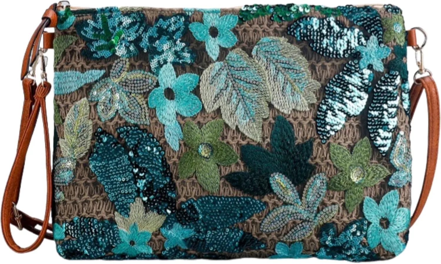 Sequin Beaded Embroidery Straw Purse Crossbody Bag Y2k Floral Knit Bag Mini Coin Purse Summer (Peacock Green Flower)