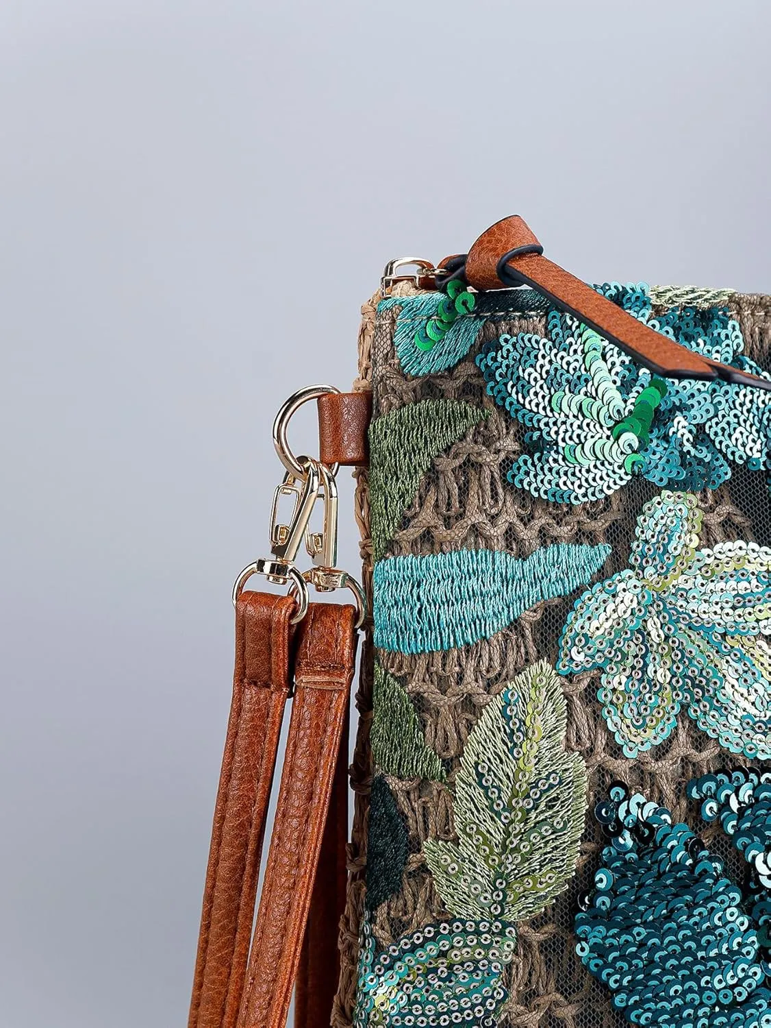 Sequin Beaded Embroidery Straw Purse Crossbody Bag Y2k Floral Knit Bag Mini Coin Purse Summer (Peacock Green Flower)