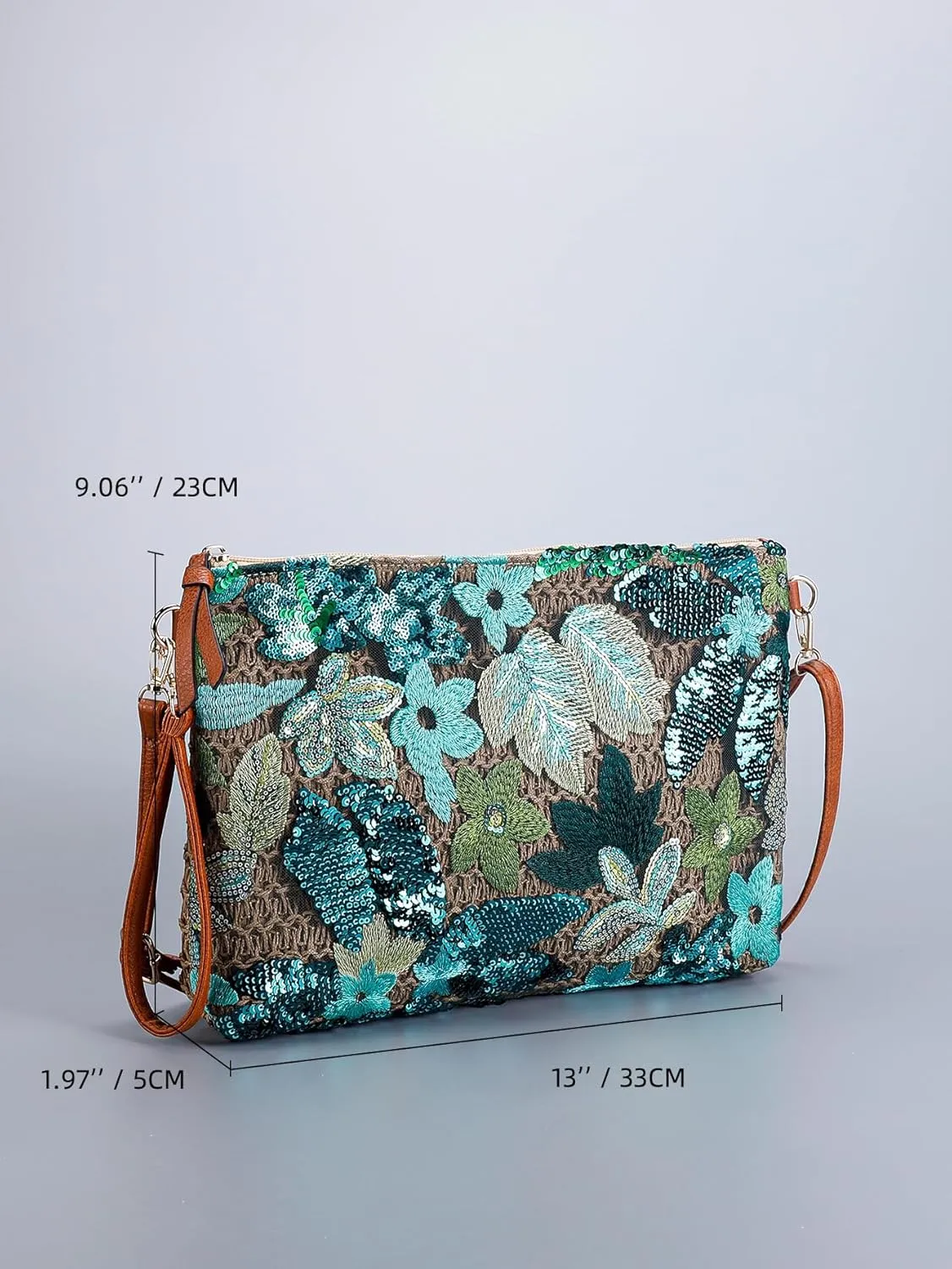Sequin Beaded Embroidery Straw Purse Crossbody Bag Y2k Floral Knit Bag Mini Coin Purse Summer (Peacock Green Flower)