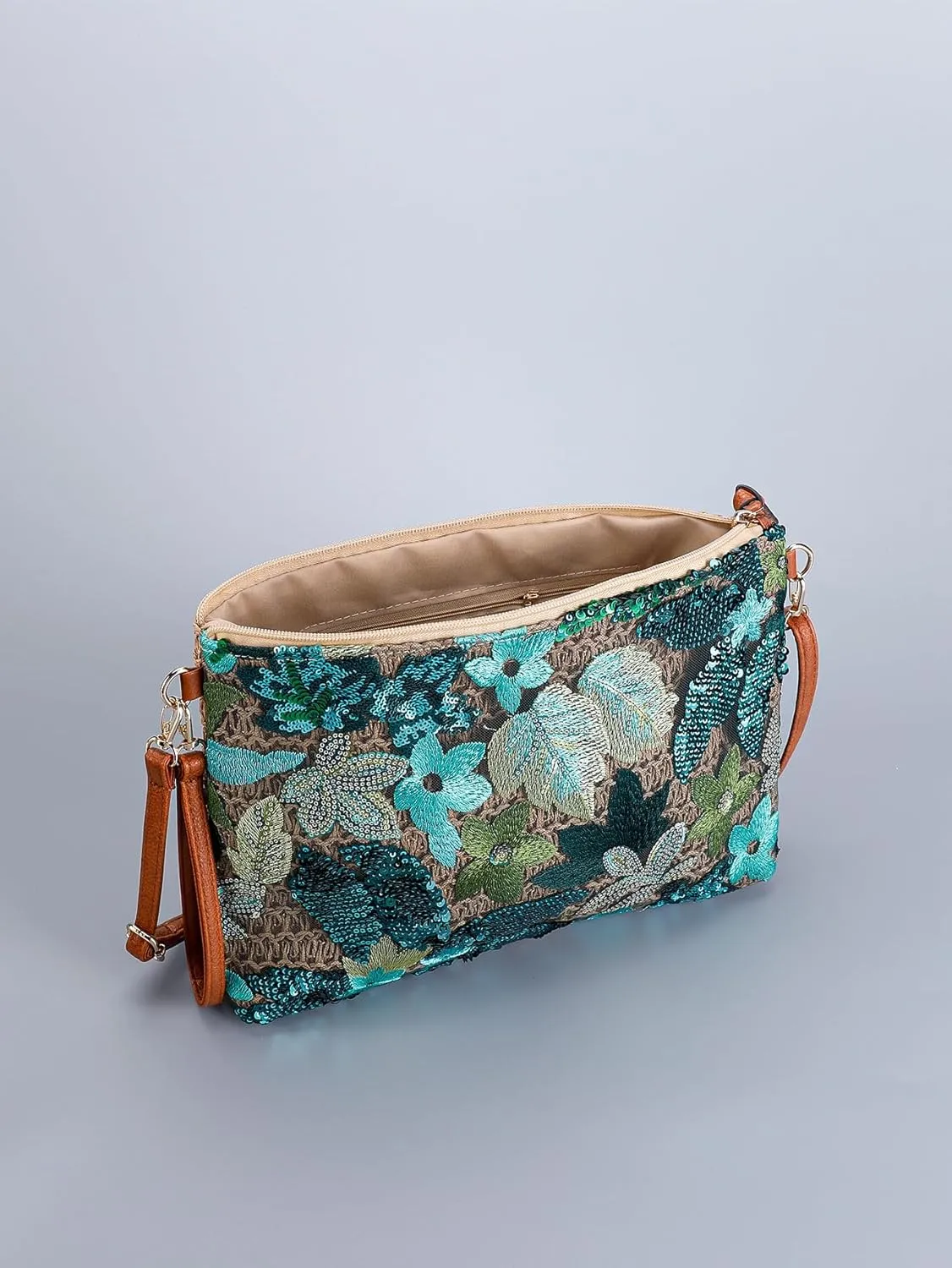 Sequin Beaded Embroidery Straw Purse Crossbody Bag Y2k Floral Knit Bag Mini Coin Purse Summer (Peacock Green Flower)