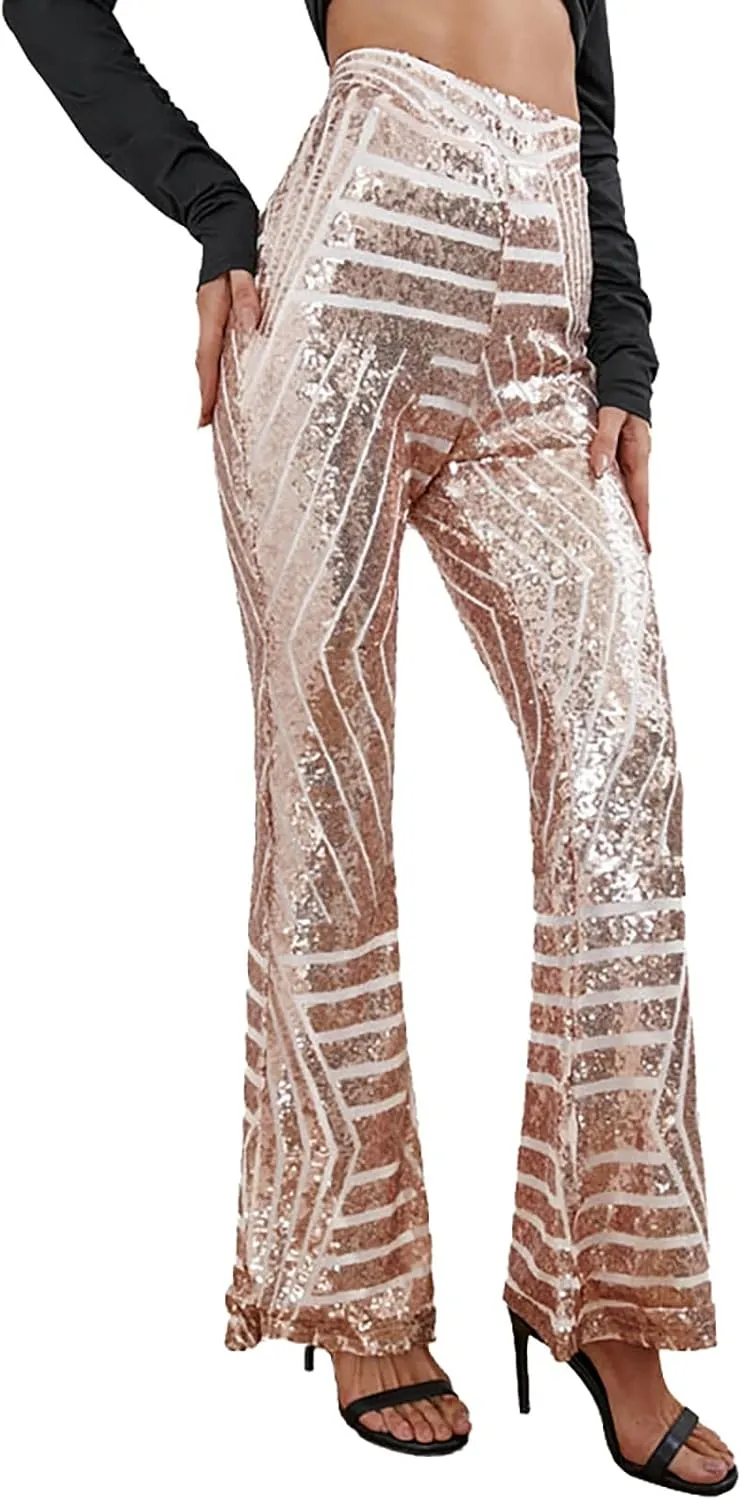 Sequin Pants for Women Women Sequins Wide Leg Pants Fashion Shiny Hight Waist Flared Trousers Dance Long Pants New