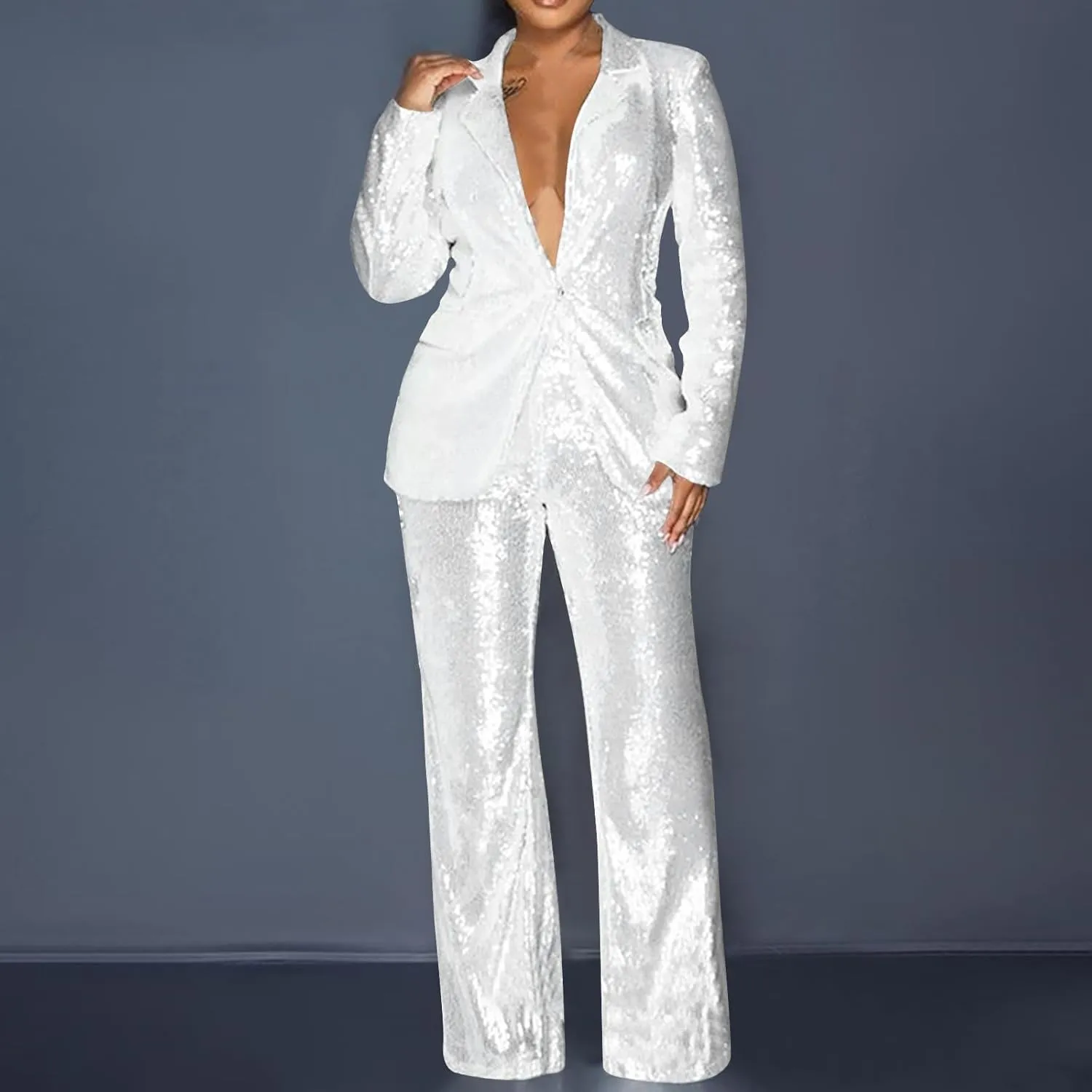 Sequins Blazer Sets for Women 2 Piece Set Slim Fit Long Sleeve Open Front Pant Suits Sparkly Disco Party Outfits
