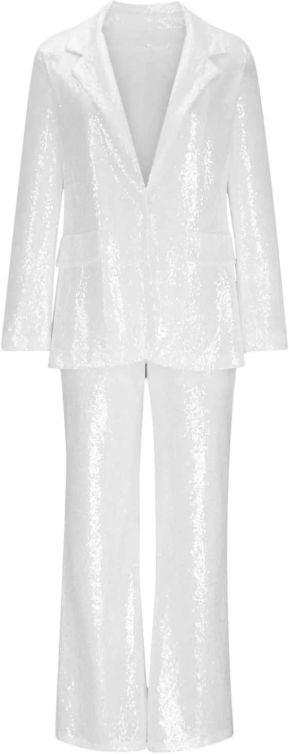 Sequins Blazer Sets for Women 2 Piece Set Slim Fit Long Sleeve Open Front Pant Suits Sparkly Disco Party Outfits