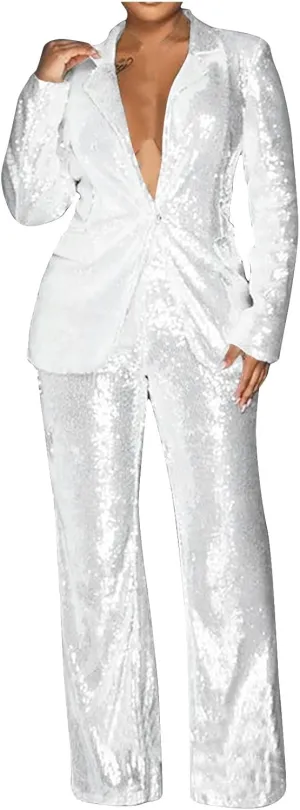 Sequins Blazer Sets for Women 2 Piece Set Slim Fit Long Sleeve Open Front Pant Suits Sparkly Disco Party Outfits